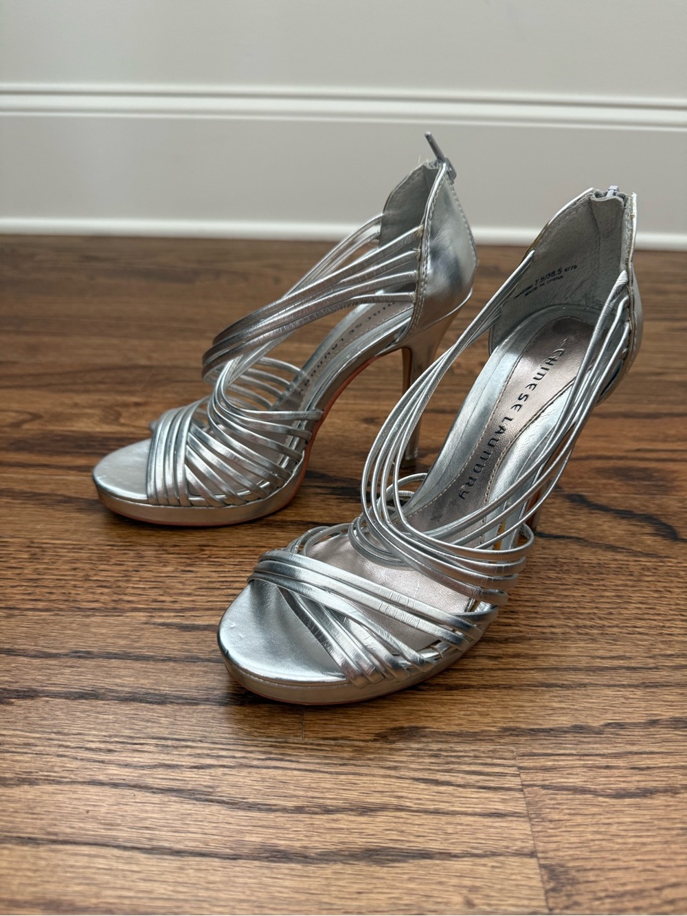 Chinese Laundry Metallic Silver Strappy Platform Heels